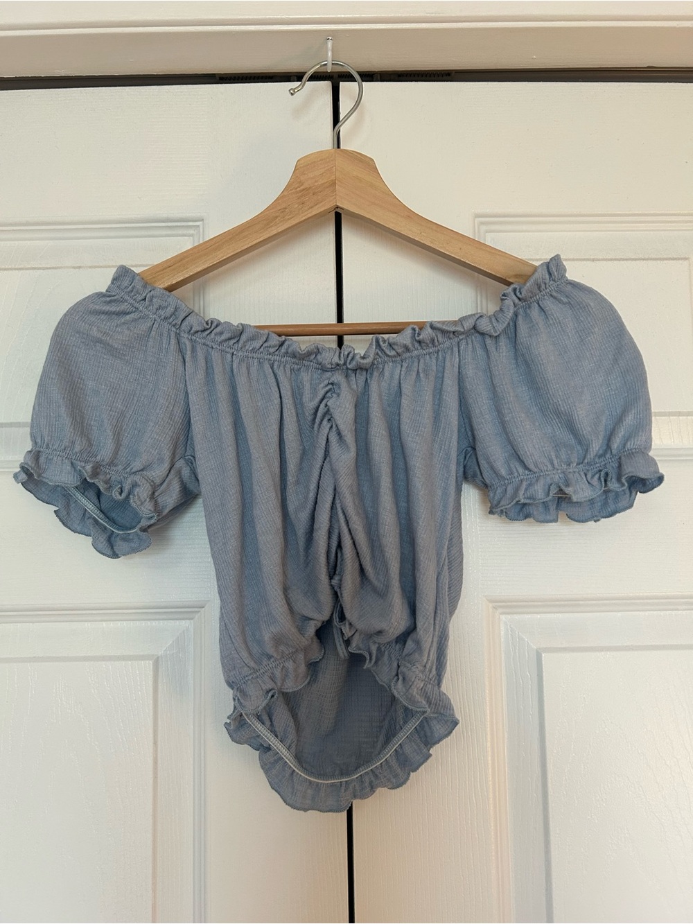 Discreet - Dusty Blue Ruched Ruffle Off The Shoulder Crop Top - Picture 5 of 10